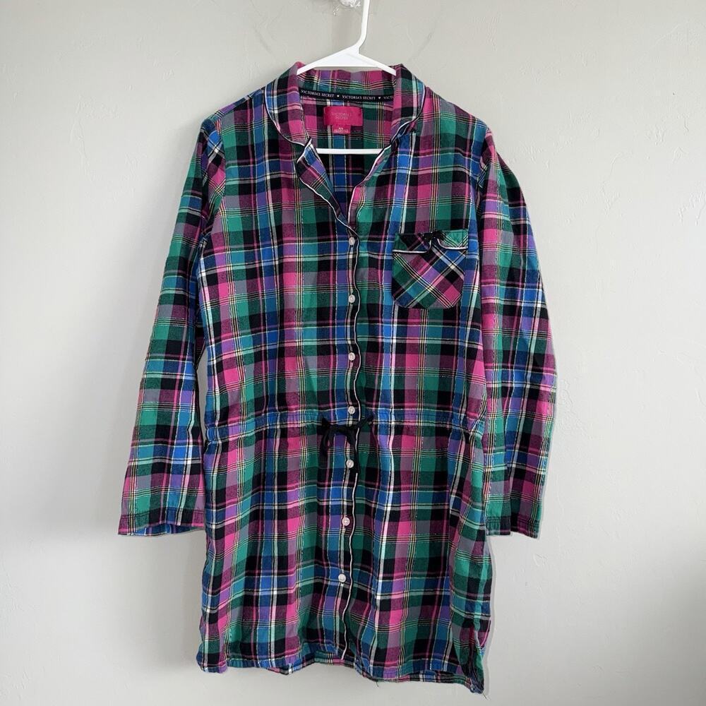 VICTORIA'S SECRET Pink Plaid Drawstring Lounge Pajama Sleep Shirt Flannel Size M - Picture 2 of 6